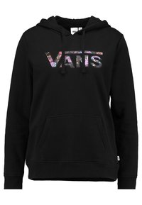 Czarna bluza z kapturem, z przednią kieszenią kangurką, z wielokolorowym, kwiatowym logo "VANS". Sznurki przy kapturze do regulacji. Miękka faktura materiału.