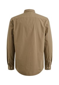 Bruine katoenen shirt, lange mouwen, knoopmanchetten, klassieke kraag, gladde textuur, afgeronde zoom. Achteraanzicht zonder patronen of accenten.