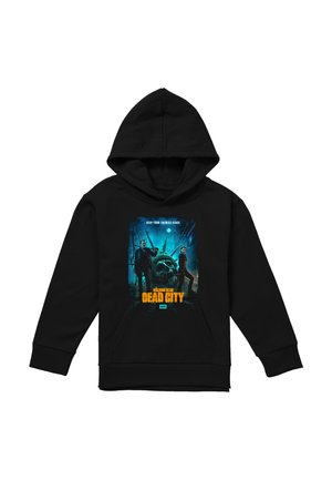 Black hoodie with graphic of two people standing by a giant cracked Statue of Liberty head under a blue night sky, text "Walking Dead Dead City."