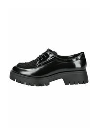 Scarpa in pelle nera lucida con tomaia in tessuto nero testurizzato, design con lacci e suola in gomma chunky e rigata.
