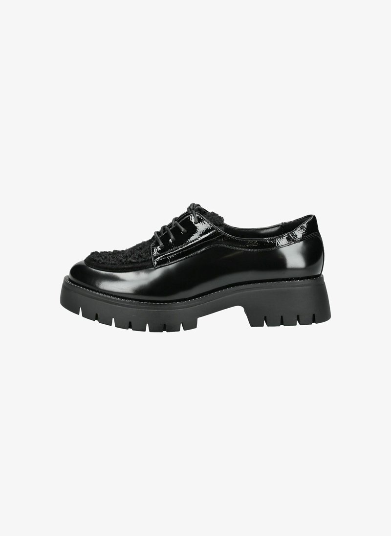 Scarpa in pelle nera lucida con tomaia in tessuto nero testurizzato, design con lacci e suola in gomma chunky e rigata.