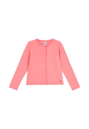 Langärmelige, korallenrote Strickjacke aus weicher Baumwolle. Verfügt über einen Rundhalsausschnitt und eine durchgehende Knopfleiste vorne. Abriebfeste Textur.