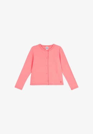 Langärmelige, korallenrote Strickjacke aus weicher Baumwolle. Verfügt über einen Rundhalsausschnitt und eine durchgehende Knopfleiste vorne. Abriebfeste Textur.