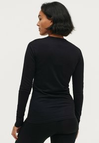 Zwarte lange mouwen top van zachte stof, met een slim-fit ontwerp en ronde halslijn. Soepele textuur zonder zichtbare patronen of accenten.