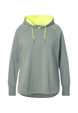 Haut de sweat à capuche gris clair à manches longues avec poche kangourou. Caractéristiques d'une doublure intérieure jaune-vert et de cordons de serrage. Tissu doux et texturé, coupe décontractée.
