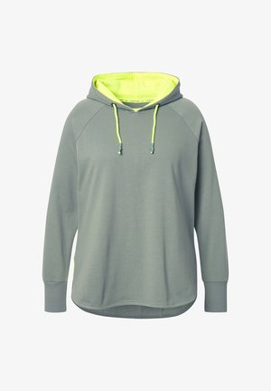 Jasnoszara bluza z długim rękawem i kangurzym kieszonką. Posiada żółto-zielone wnętrze oraz sznurki. Wykonana z miękkiego, teksturowanego materiału, luźny krój.