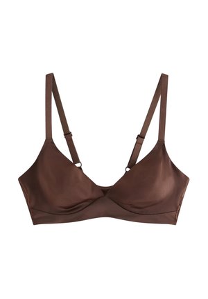 Brun satin bralette med tynde justerbare stropper og trekantede kopper, designet til let støtte og komfort.