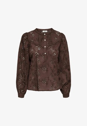 Bruine blouse met bloemrijke borduursels, een ronde hals, knoopsluiting en pofmouwen met elastische manchetten. Gemaakt van lichtgewicht stof.