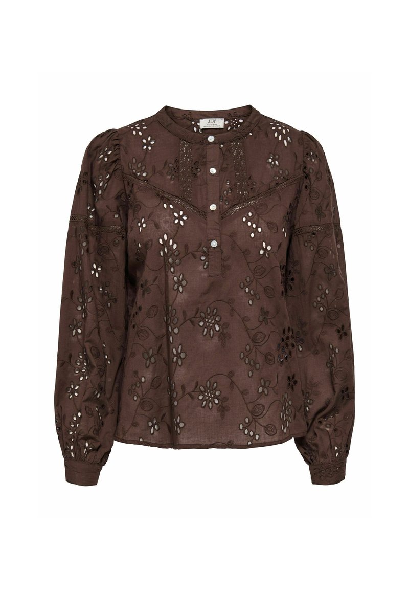 Blusa marrone con ricamo floreale, scollo rotondo, chiusura con bottoni e maniche a sbuffo con polsini elasticizzati. Realizzata in tessuto leggero.