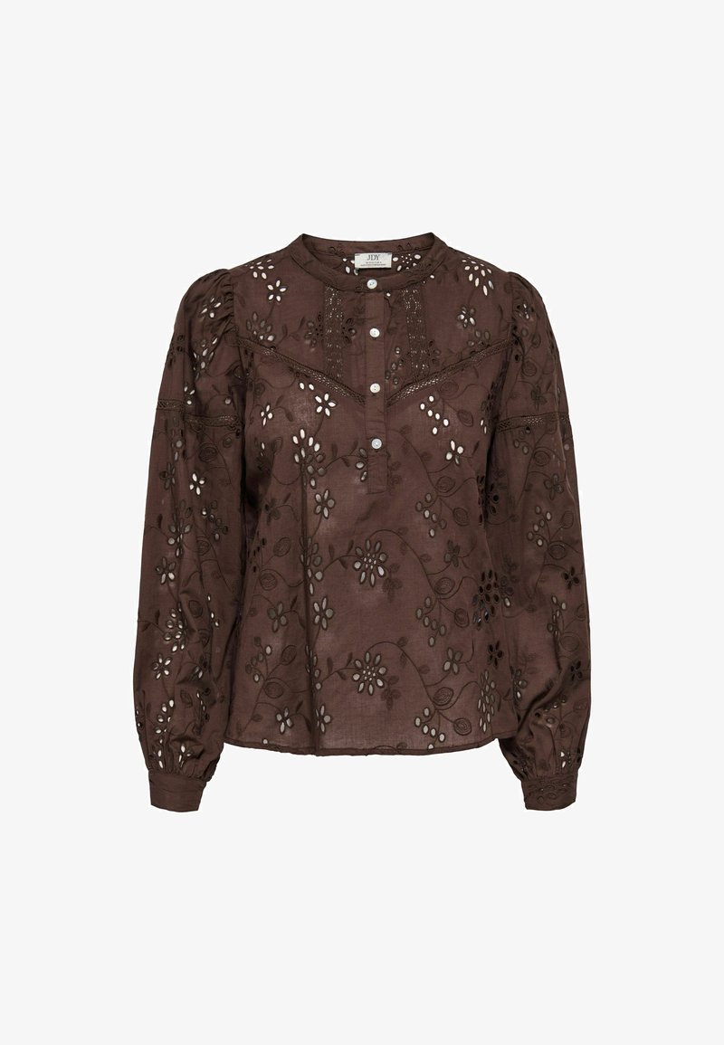 Blusa marrone con ricamo floreale, scollo rotondo, chiusura con bottoni e maniche a sbuffo con polsini elasticizzati. Realizzata in tessuto leggero.