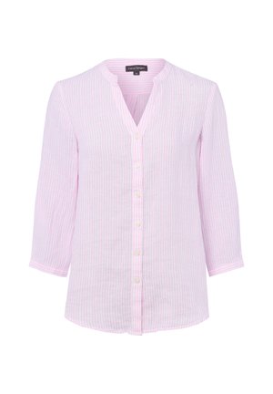 Hellrosa und weiß gestreiftes Hemd mit Knöpfen, dreiviertel Ärmeln und rundem kragenlosem Ausschnitt.