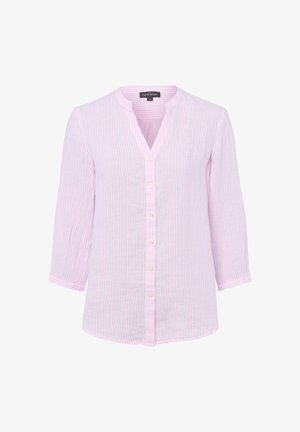 Hellrosa und weiß gestreiftes Hemd mit Knöpfen, dreiviertel Ärmeln und rundem kragenlosem Ausschnitt.