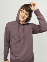 Maroon cotton hoodie with a kangaroo pocket, adjustable drawstrings, and ribbed cuffs. Features a small logo on the chest.