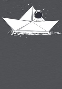 Grafikdesign, das ein weißes Papierboot mit einem Astronauten zeigt, vor einem dunkelgrauen Hintergrund mit Sternen und Wasserwellen.