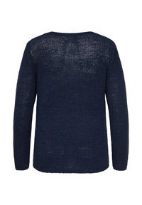 Σκούρο μπλε ναυτικό πλεκτό πουλόβερ με μακριά μανίκια και ελαφρώς χαλαρή ύφανση, εμφανιζόμενο από πίσω σε λευκό φόντο.