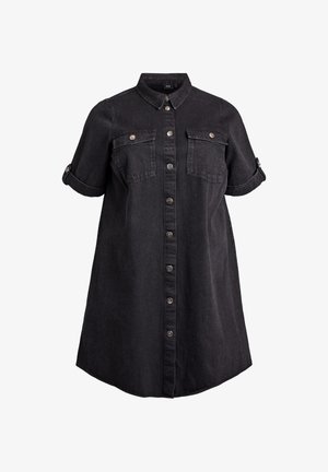 Sort denim skjortekjole med krave, korte op-rullede ærmer, to brystlommer og foran lukning med metal knapper.