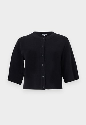 Cardigan noir raccourci avec encolure ronde et six boutons sur le devant, doté de manches larges jusqu'au coude.