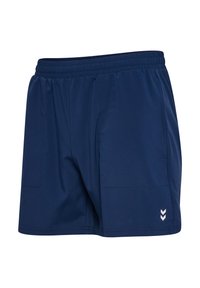 Marinknäppa idrottsshorts tillverkade av lättviktigt tyg, med elastisk midja, två sidofickor och en liten chevronlogotyp vid den nedre fållen.