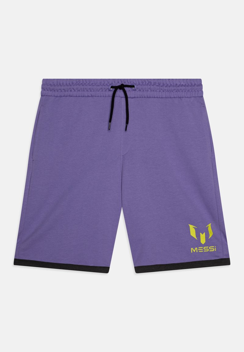 Lilla idrettsshorts med snøring i livet, svarte detaljer og en gul logo med et stilisert design på venstre ben.