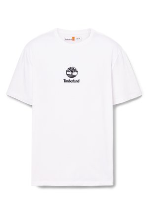 Hvid bomulds T-shirt med korte ærmer, med et sort Timberland-logo trykt centralt på brystet. Afslappet pasform og rund halsudskæring.