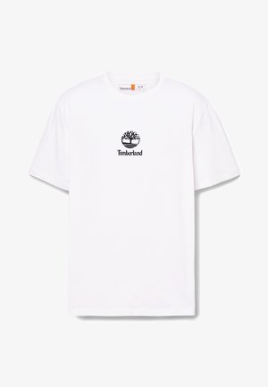 Camiseta de algodón blanca de mangas cortas, con un logo negro de Timberland impreso en el centro del pecho. Diseño de corte relajado y cuello redondo.