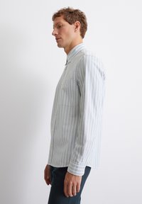 Camicia a maniche lunghe a righe blu chiaro e bianche con colletto a bottone, taschino sul petto e polsini con bottoni. Tessuto di trama liscia.