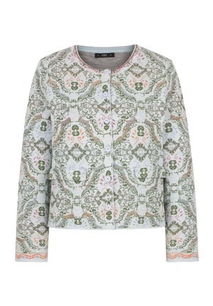 Zapínaný kardigán so zložitými zelenými, béžovými a pastelovými kvetinovými a geometrickými vzormi, s okrúhlym výstrihom a dlhými rukávmi.