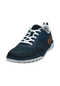 Navy blue athletic shoe with perforated dark blue and black panels. White laces, light gray rubber outsole, and a brown accent on the heel.
