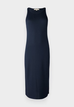 Mørkeblå ribstrikket kjole med ærmeløs design, rund hals og sideslids, der tilbyder en tætsiddende silhuet og blød tekstur.
