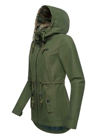 Olive green parka jacket with a fitted hood, drawstring waist, and zippered front. Features a floral-patterned lining and side pockets.