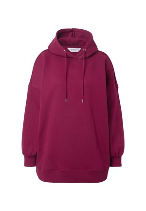 Haut à capuche surdimensionné de couleur rose foncé avec cordons de serrage, poignets et ourlet côtelés, affichant un design uni et une capuche.