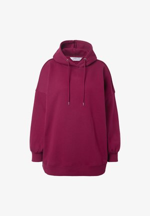 Übergroßer, dunkelroter Hoodie mit Kordeln, gerippten Ärmelbündchen und Saum, der ein schlichtes Design und eine Kapuze aufweist.