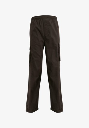 Brown cargo pants with an elastic waistband, side pockets, and a loose fit. Made from a durable fabric with a smooth texture.
