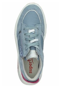 Light blue suede and synthetic sneaker with white laces, silver accents, side zipper, and pink detailing on the sole.