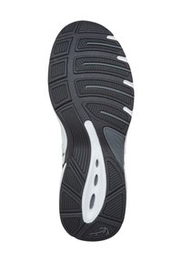 Black rubber outsole with textured grip patterns, featuring white accents and rounded design elements for optimized movement.