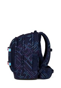 Navy blue backpack with geometric neon lines, multiple zippered compartments, padded shoulder straps, side pocket, and reflective clips.