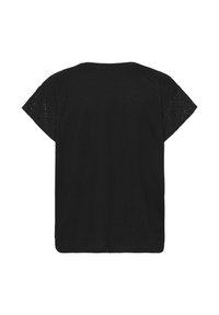 Black short-sleeve t-shirt with eyelet lace detailing on sleeves. Soft fabric, relaxed fit, round neckline, and plain back without embellishments.
