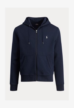 Camisola com capuz azul-marinho e fecho de correr, feita de tecido macio, com bolso frontal, capuz com cordão e logótipo bordado no lado esquerdo do peito.