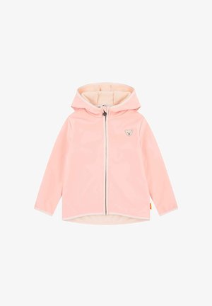 Hellrosa Kinder-Kapuzenjacke mit Reißverschluss, angebrachter Kapuze und kleinem Teddygesicht-Aufnäher auf der Brust.