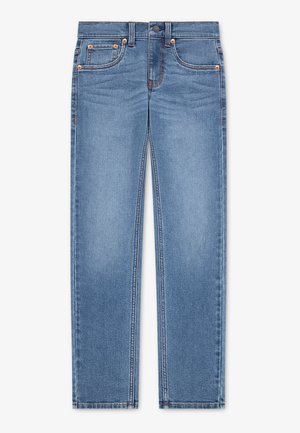 Jean en denim bleu à jambe droite avec bouton devant, fermeture éclair et cinq poches sur fond blanc.