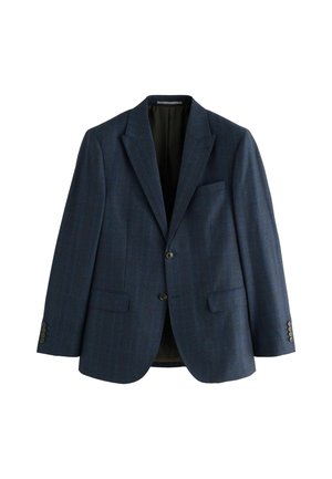 Navy blue blazer made of textured fabric, featuring a notched lapel, two front pockets, and three-button cuff accents.