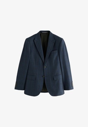 Blazer bleu marine en tissu texturé, avec un col cranté, deux poches frontales et des accents de manche à trois boutons.