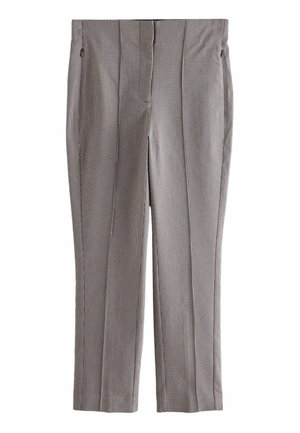 Szare spodnie damskie o dopasowanym kroju z drobnym wzorem w kratę, z fałdą z przodu i bocznymi kieszeniami na suwak, rozłożone na płasko na białym tle.