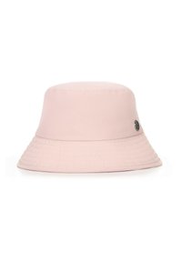 Cappello a secchiello rosa realizzato in tessuto morbido con una larga visiera, caratterizzato da una texture a coste e un piccolo logo circolare sul lato.