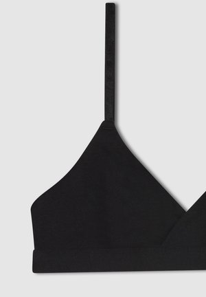 Bralette nera con forma triangolare, spalline sottili e design senza cuciture. Tessuto morbido e elasticizzato con una finitura opaca.