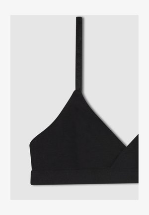 Bralette nera con forma triangolare, spalline sottili e design senza cuciture. Tessuto morbido e elasticizzato con una finitura opaca.