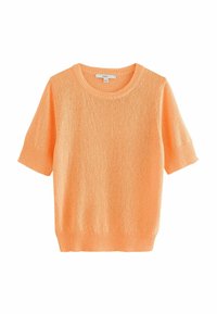 Maglione a maniche corte con scollo rotondo realizzato in un tessuto a maglia testurizzato di un vivace arancione, con orlo e polsini a costine per un tocco di dettaglio.