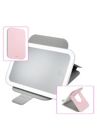 Rechteckiger Spiegel mit einem weißen Rahmen, grauem Rückenteil und einem rosa Ständer. Der Ständer lässt sich zur Unterstützung und zum Verstauen zusammenklappen. Glatte Oberfläche ohne sichtbare Muster.