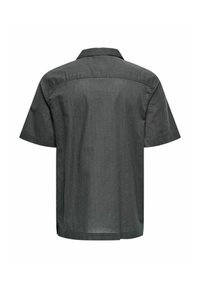 Korte mouwen, knoopsluiting shirt van donkergrijze stof met een subtiele textuur, voorzien van een standaard kraag en een rechte zoom met zijslits.