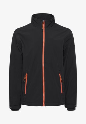 Black softshell jacket with a high collar, orange front zipper, and side pockets. Features adjustable cuffs and a sleek, streamlined design.
